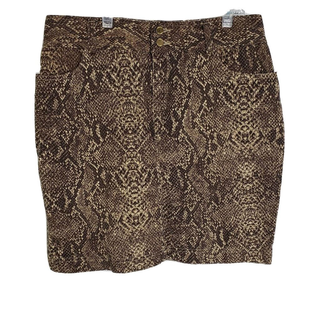 Chaps Women's Size 6 Denim Mini Skirt Snake Animal Print Brown Tan Above Knee